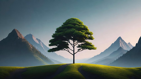 Lonely pine tree on a green meadow with mountains in the backgroundの素材