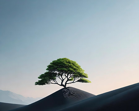 Conceptual image of green tree growing on top of sand duneの素材