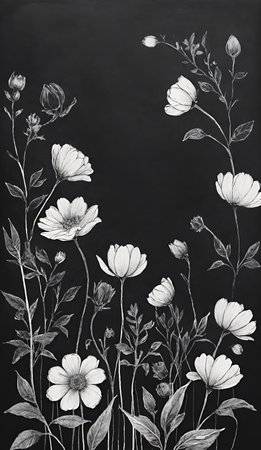 Hand drawn sketch of wildflowers on a chalkboard. Black and white.の素材