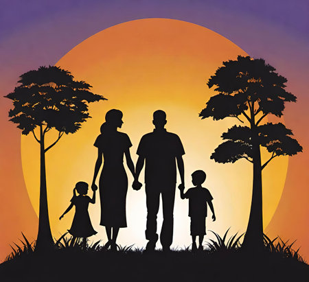 Silhouette of family in nature at sunset. Vector illustration.の素材