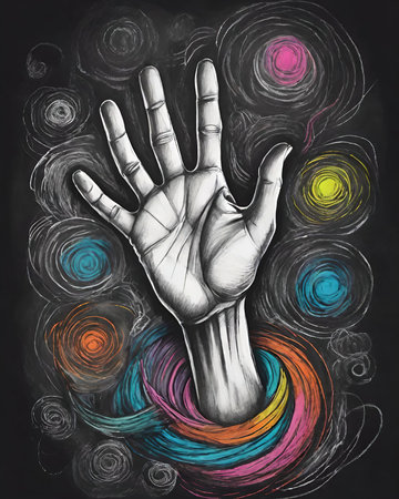 Hand drawn sketch of human hand on colorful background. Vector illustration.の素材