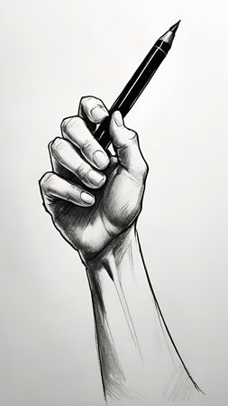 drawing of a human hand with a pen on a gray backgroundの素材