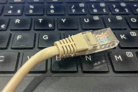 close up of network cable on laptop keyboard. internet connection concept.Ethernet Cable Connected...