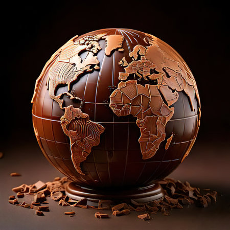 Chocolate globe and chocolate chips on black background. 3D illustration.の素材