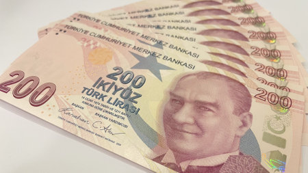 200 Turkish Lira Banknotes, Macro shot of many TL banknotes showing AtatÃ¼rk.Turkish 200 lira...