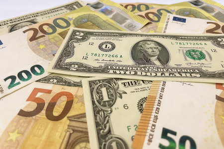 dollar and euro banknotes on a white background, close-up