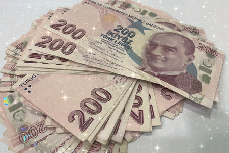 Turkish 200 Lira banknotes, close-up view of currency.