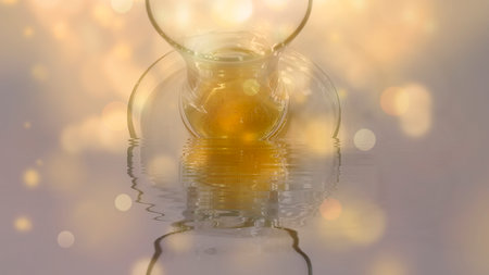Abstract Turkish Tea Reflection with Golden Bokeh.Captivating abstract image of traditional Turkish...