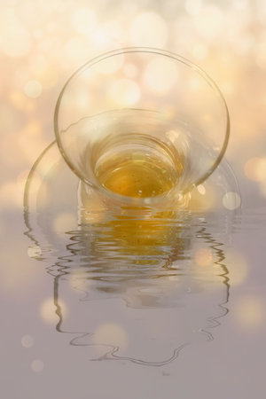 Abstract Turkish Tea Reflection with Golden Bokeh.Captivating abstract image of traditional Turkish tea in a slender glass, featuring a stunning reflection and warm.の写真素材