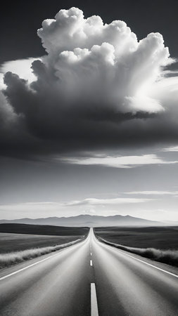 Highway in the desert with stormy clouds in the sky.の素材