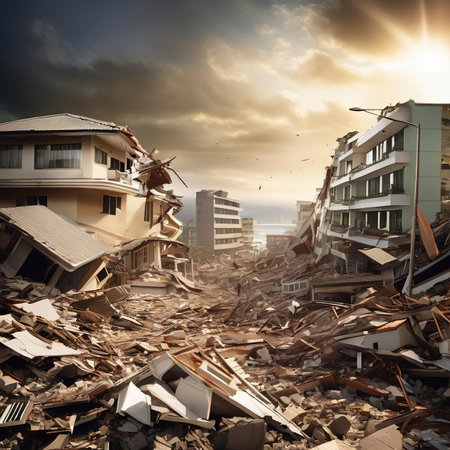 Earthquake and Tsunami Devastation.Catastrophic scene showing the aftermath of a powerful earthquake and a massive tsunami wave hitting a coastal city.の素材