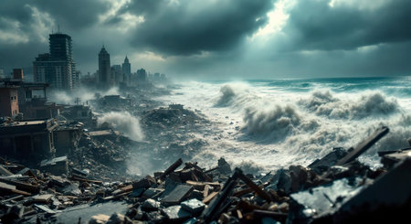 Earthquake and Tsunami Devastation.Catastrophic scene showing the aftermath of a powerful earthquake and a massive tsunami wave hitting a coastal city.の素材