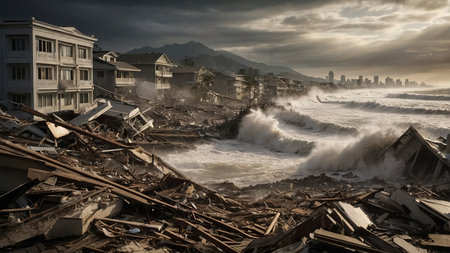 Earthquake and Tsunami Devastation.Catastrophic scene showing the aftermath of a powerful earthquake and a massive tsunami wave hitting a coastal city.の素材