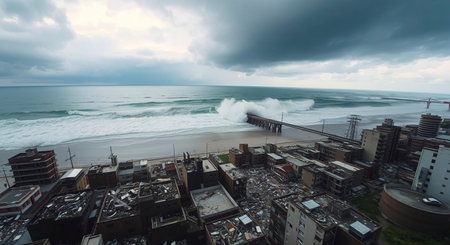 Earthquake and Tsunami Devastation.Catastrophic scene showing the aftermath of a powerful earthquake and a massive tsunami wave hitting a coastal city.の素材