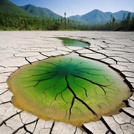Cracked ground with green water in the desert. Global warming conceptの素材