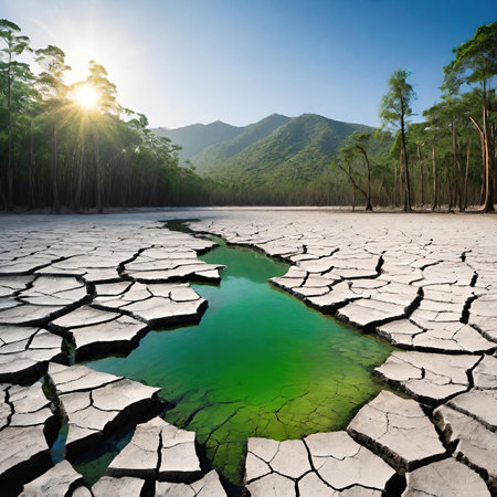 Dry land with cracked ground and green lake. Global warming conceptの素材
