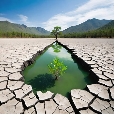 Lonely tree on cracked earth background. Global warming concept.の素材