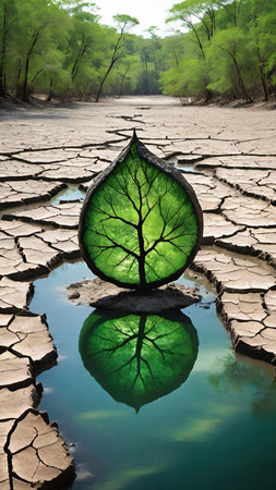 Green leaf on cracked soil with reflection in water. Concept of global warmingの素材