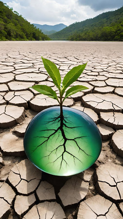 Green sprout growing from cracked soil. Concept of global warming.の素材