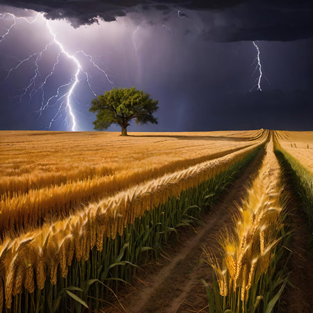 Stormy sky over wheat field with tree and lightning in the backgroundの素材