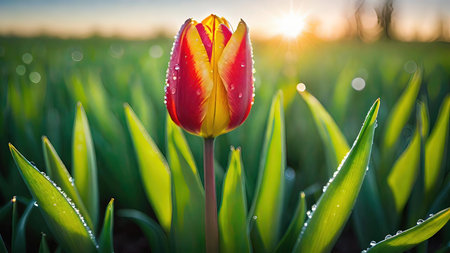 Beautiful tulip flower in the field at sunset. nature backgroundの素材
