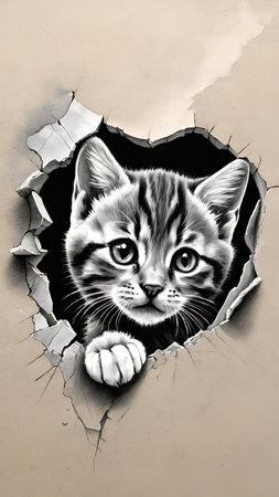 Kitten peeking through hole in paper. Hand drawn illustration.の素材