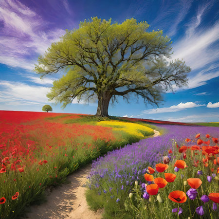 Beautiful spring landscape with blooming poppies and big treeの素材