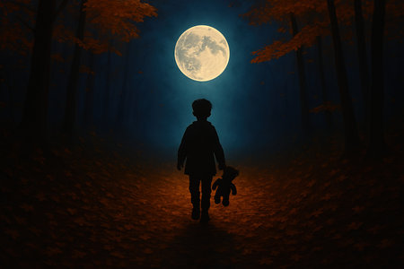 Silhouette of a little boy in the forest at night with full moonの素材