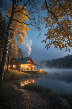 Wooden house on the bank of a lake in the autumn forestの素材