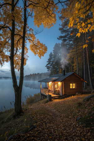 Wooden house on the bank of a lake in the autumn forestの素材