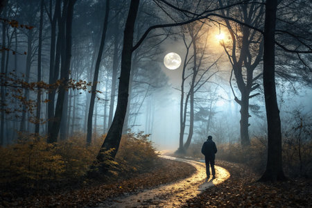 Man walking alone in foggy forest at night with full moon in backgroundの素材