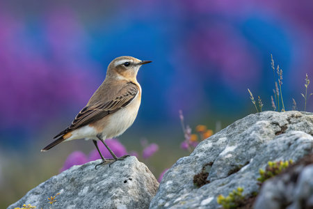 A common wheatear (Oenanthe oenanthe) perched on a rockの素材