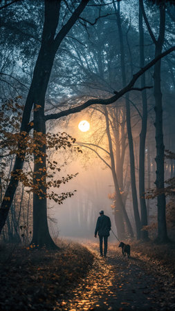 Man with dog walking in foggy forest at sunrise. Autumn landscapeの素材