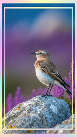 A female Eastern wheatear perched on a rock with a pink and purple background.の素材