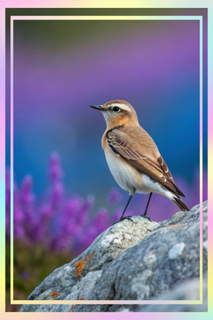 A common wheatear bird perched on a rock with a colorful background.の素材