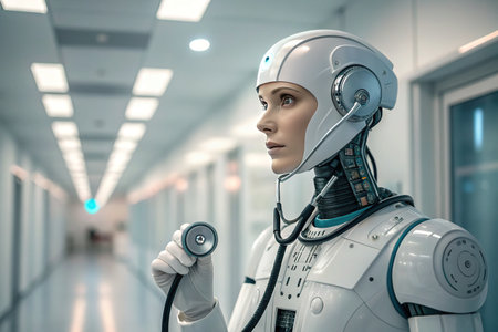 3d rendering humanoid robot with stethoscope in a modern hospital corridorの素材