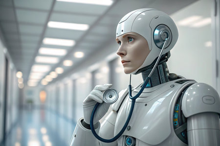 3d rendering humanoid robot with stethoscope in the hospital corridorの素材