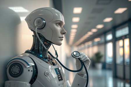 3d rendering humanoid robot with stethoscope in the hospital corridorの素材