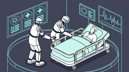 Robot Doctors in Futuristic Medical Facility.Humanoid robots examine patient in high tech bed with holographic data.の素材