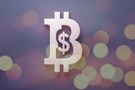 3D rendering of Bitcoin and Dollar symbol on a financial chart background. Crypto currency and investment concept.の素材