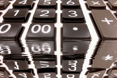 Abstract Financial Numbers Background. Adistorted, view of calculator keys. A powerful visual concept for finance, economy, data, and complex mathematical calculations.の写真素材