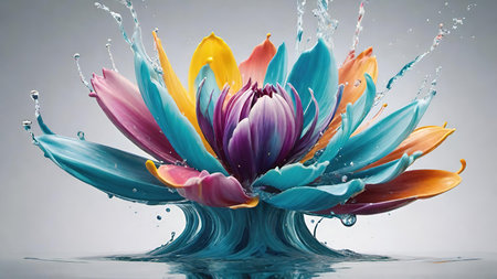 Colorful flower with water splashes on white background. 3d renderingの素材