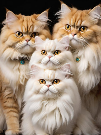 Group of persian cats on a black background close-up.の素材