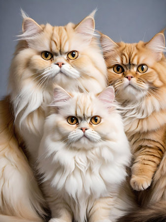 Three persian cats on a gray background. Close-up.の素材