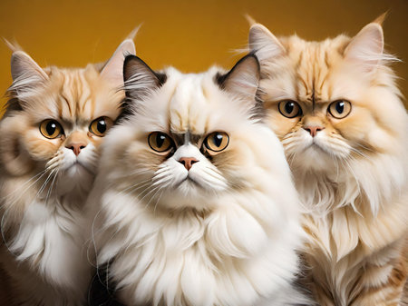 Three persian cats on a yellow background, close-up.の素材