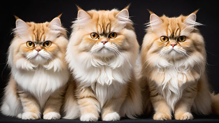 Group of three persian cats in front of a black background.の素材