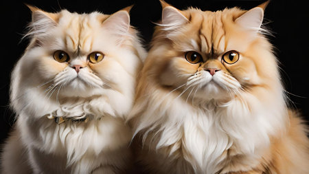 Close-up portrait of two persian cats on a black backgroundの素材