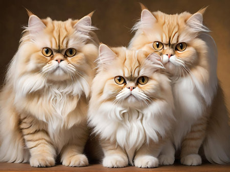 Three persian cats sitting on brown background, looking at camera.の素材