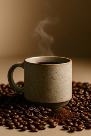 Coffee cup and coffee beans on brown background. Toned.の素材