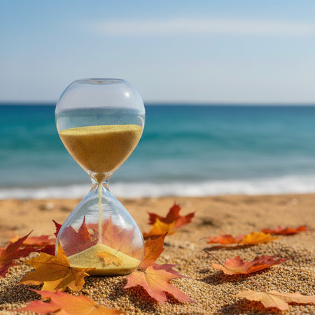 Sandglass on the beach with autumn leaves. Concept of time passing.の素材